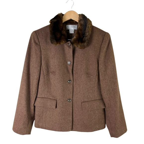 Talbots Faux Fur Collar Wool Herringbone Tweed Button Front Jacket in Brown Sz 8 - Picture 4 of 15
